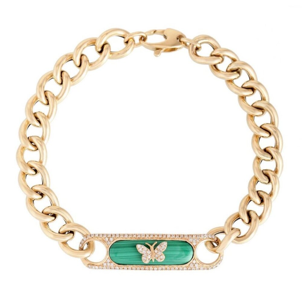 Malachite Butterfly 14K (or 18k upon request) Yellow Gold Curb Chain Bracelet
